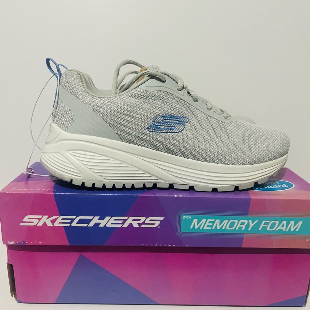 Skechers Women's Light Gray and Blue Mesh Slip-On Sneakers - Picture 5 of 6